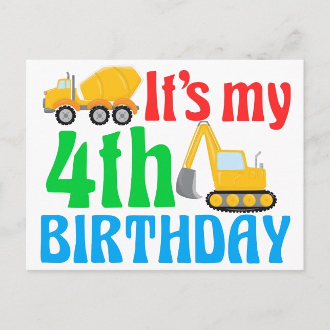 Carte Postale Enfants 4ème anniversaire garçon véhicule de const (Devant)