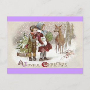 Carte Postale Enfants à la rencontre des cerfs le jour de neige 