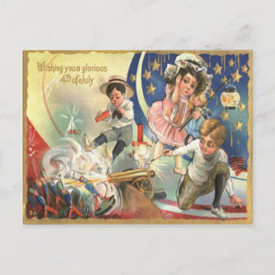 Carte Postale Enfants Cannon Fireworks Soldiers