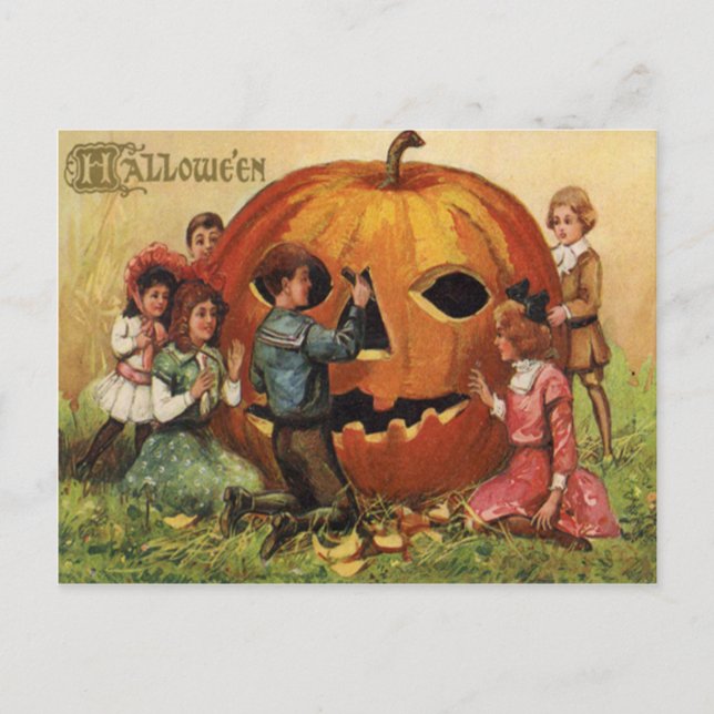 Carte Postale Enfants Carving Jack-o'-lantern Citrouille (Devant)