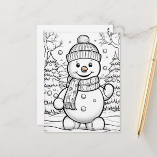 Carte Postale Enfants de Noël colorier bonhomme de neige