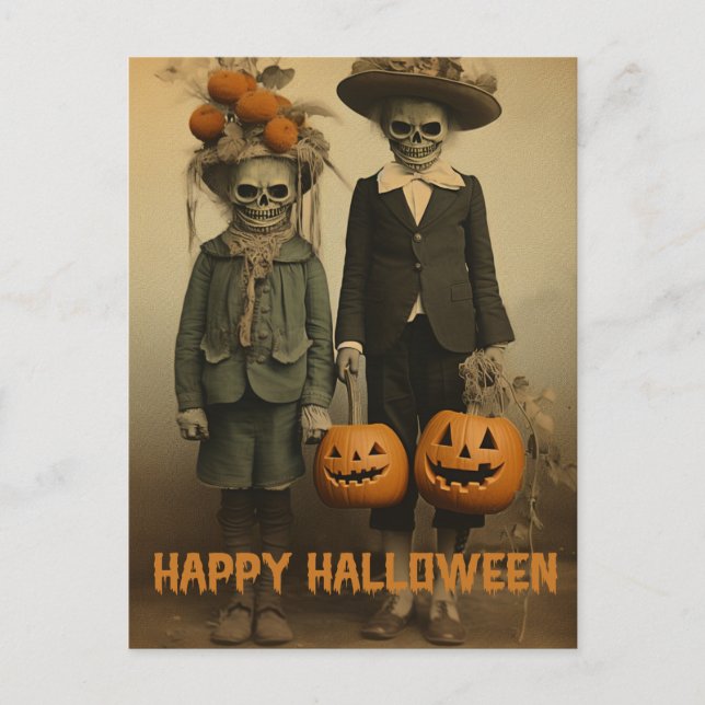 Carte Postale Enfants effrayants de Halloween rétro avec des cit (Devant)
