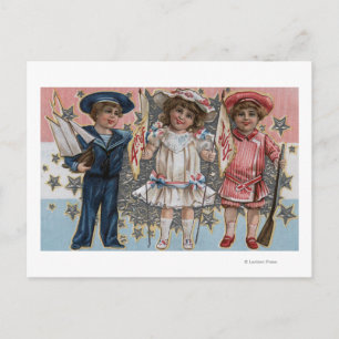 Carte Postale Enfants en bleu, blanc et rose