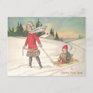 Carte Postale Enfants mignons faisant de la luge Luge Neige