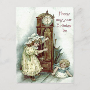 Carte Postale Enfants mignons Grand-père Horloge Kitten