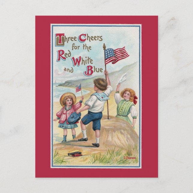 Carte Postale Enfants patriotiques à la plage avec drapeaux (Devant)