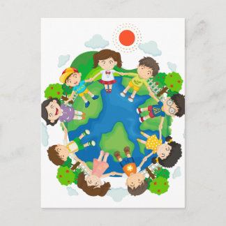 Carte Postale Enfants tenant la main autour de la terre