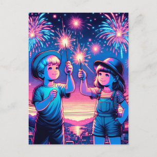 Carte Postale Enfants tenant un feu d'artifice le 4 juillet