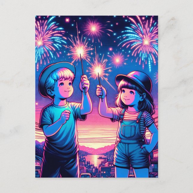 Carte Postale Enfants tenant un feu d'artifice le 4 juillet (Devant)