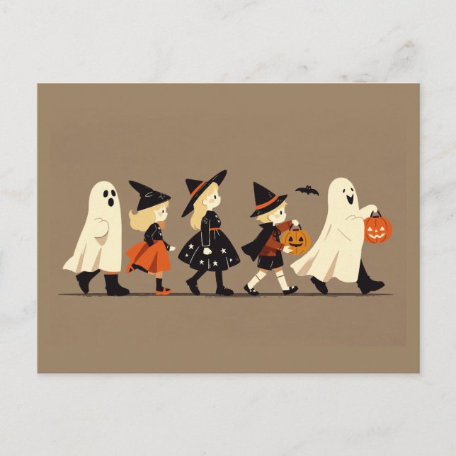 Carte Postale Enfants Tic ou traitement sur la nuit d'Halloween (Devant)