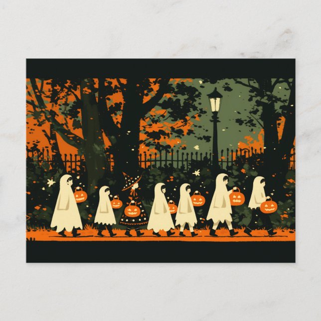 Carte Postale Enfants Tic ou traitement sur la nuit d'Halloween (Devant)