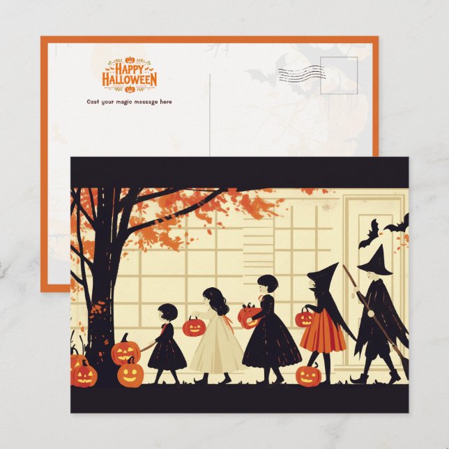 Carte Postale Enfants Tic ou traitement sur la nuit d'Halloween (Devant / Derrière)