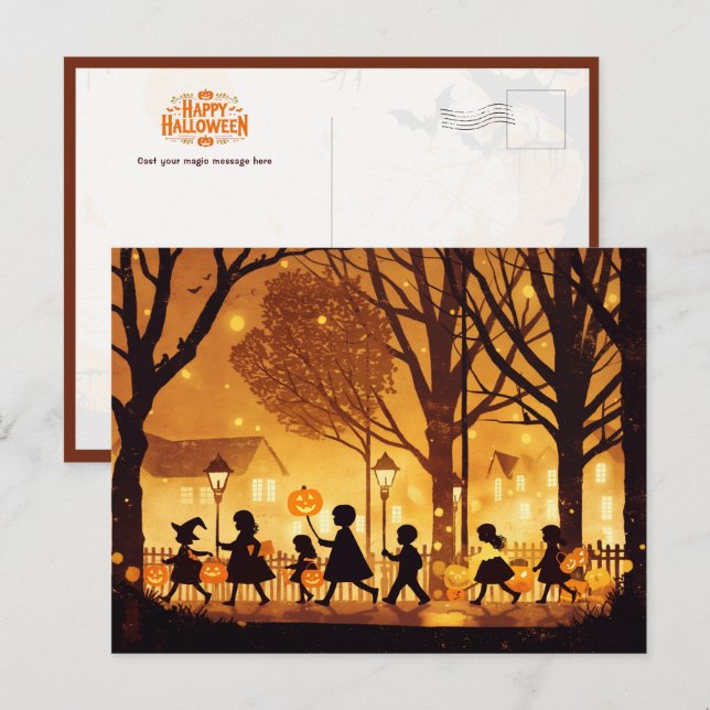 Carte Postale Enfants Tic ou traitement sur la nuit d'Halloween (Devant / Derrière)