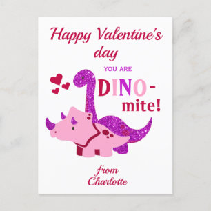 Carte Postale Enfants Valentines Day Girly Dinosaur Dino-mite