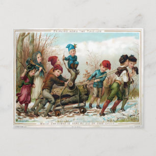 Carte Postale Enfants victoriens ramenant chez eux la bûche de N