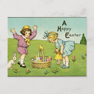 Carte Postale Enfants vintages avec des lapins et un panier