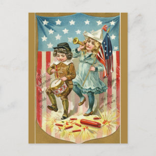 Carte Postale Enfants vintages du drapeau avec des pétards