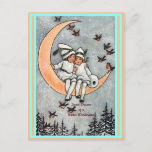 Carte Postale Enfants vintages, Lune de croissant, Oiseaux de ne