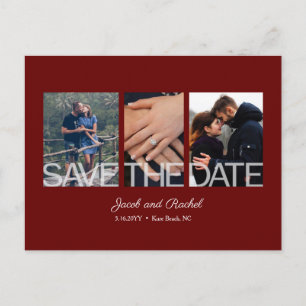 Carte Postale Enregistrer la date 3-Photo Collage Mariage rouge 