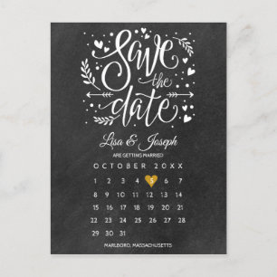 Carte Postale Enregistrer la date Calendrier Gold Heart Chalkboa