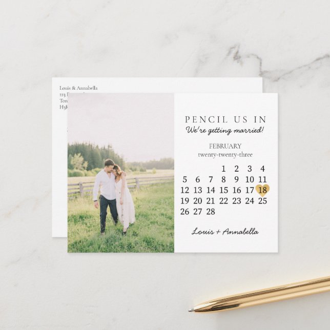 Carte Postale Enregistrer la date Calendrier Gold Heart Février  (Devant/Arrière en situation)