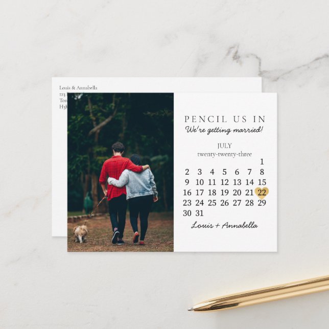 Carte Postale Enregistrer la date Calendrier Gold Heart Juillet  (Devant/Arrière en situation)