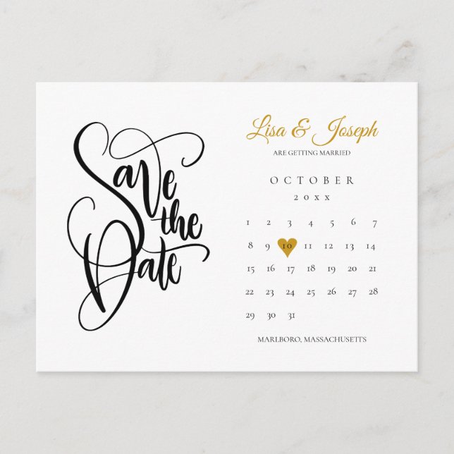 Carte Postale Enregistrer la date Calendrier Gold Love Heart (Devant)