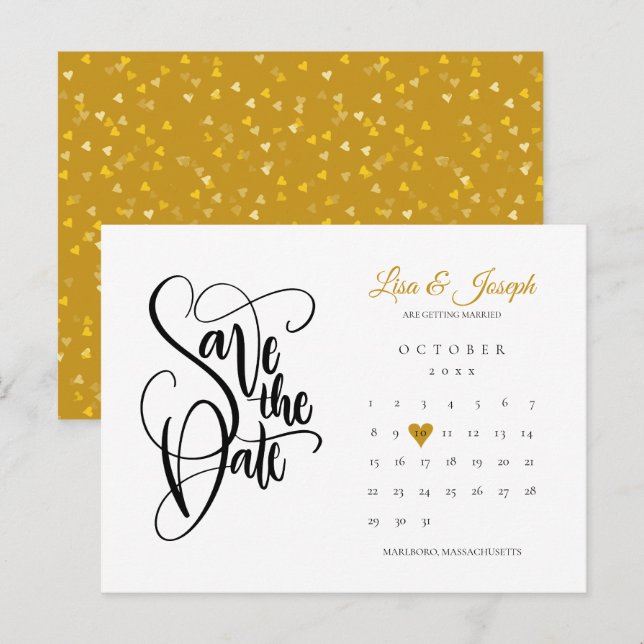 Carte Postale Enregistrer la date Calendrier Gold Love Heart (Devant / Derrière)