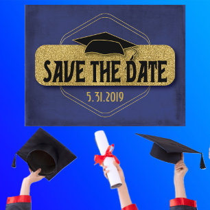 Carte Postale Enregistrer La Date Graduation Blue Gold Elegant