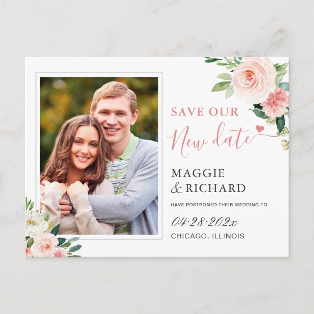 Carte Postale Enregistrer Notre Nouvelle Date Blush Pink Chic Fl (Devant)