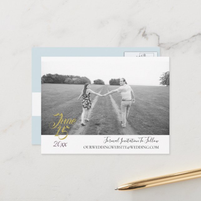 Carte Postale Ensemble de mariage Teal Blue Bouquet Save The Dat (Devant/Arrière en situation)