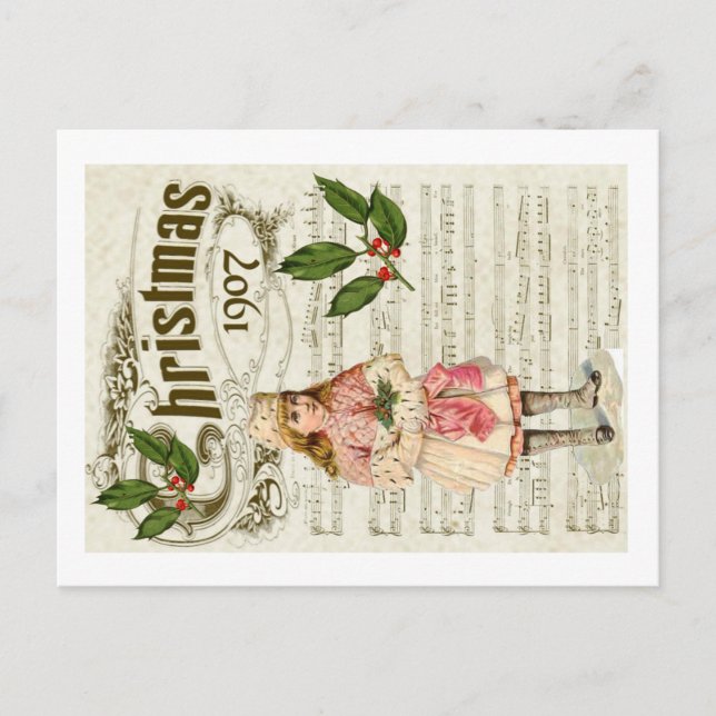 Carte Postale Ephemera 1907 Noël Carol Script Holly Berry (Devant)