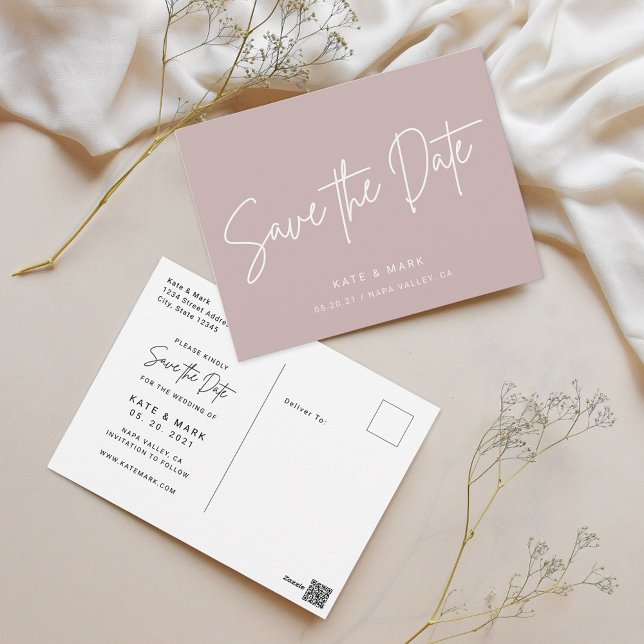 Carte Postale Épousailles Rose Poussiéreux Enregistrez la Date s (Créateur téléchargé)
