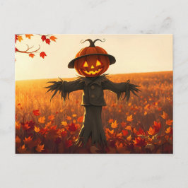 Carte Postale Épouvantail à tête de citrouille en automne