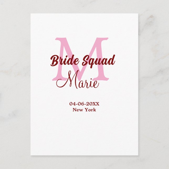 Carte Postale Équipe de mariée ajoutez nom monogramme demoiselle (Devant)