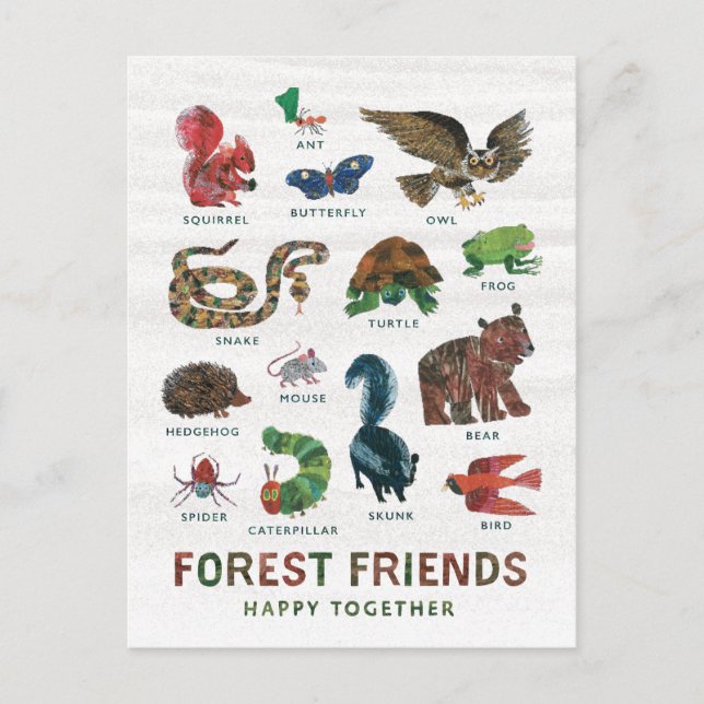 Carte Postale Eric Carle | Les amis de la forêt heureux ensemble (Devant)