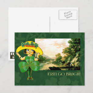 Carte Postale Erin Go Bragh Vintage irlandaise Fille Saint Patri