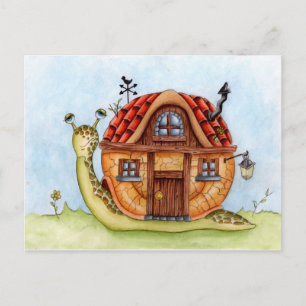 Carte Postale Escargot avec maison sur le dos Peinture aquarelle