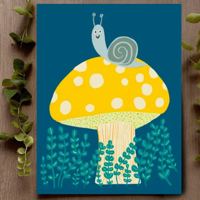 Carte Postale Escargot de Whimsical sur Cute de Champignons Magi (Cute snail on top of a mushroom, colorful drawing, Customize with your own text on the front or back)