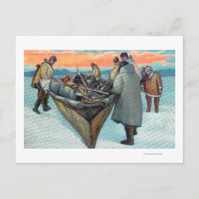 Carte Postale Esquimaux lancent un bateau de chasse à la baleine (Devant)