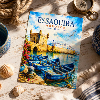 Carte Postale Essaouira Maroc Aquarelle Bateaux Bleus Voyage