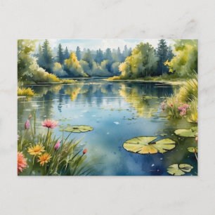 Carte Postale Étang de nénuphars à l'aquarelle, forêt, nature 