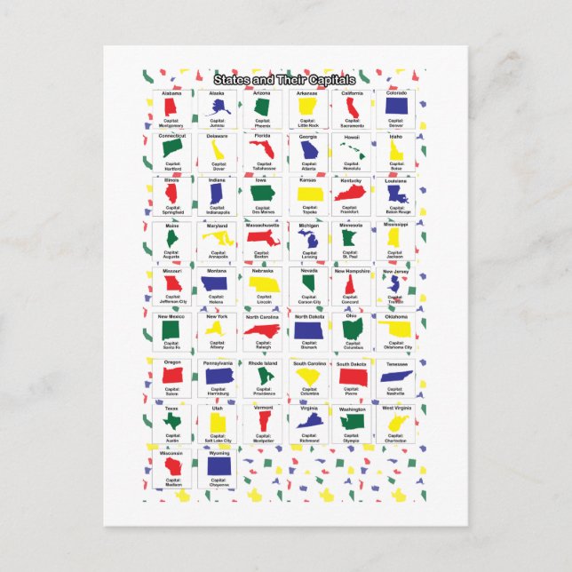 Carte Postale États et capitales américains colorés (Devant)