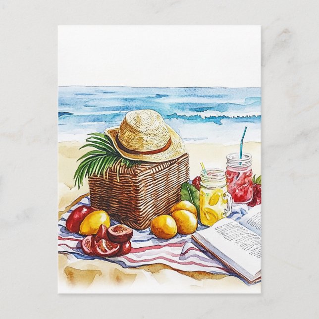 Carte Postale Eté Plage Pique-nique Aquarelle Illustration - Vib (Devant)
