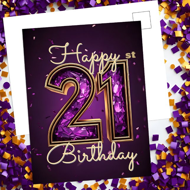 Carte Postale Étincelant Glamour Violet et Or 21e Anniversaire (Créateur téléchargé)