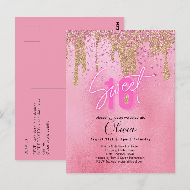 Carte Postale Étincelles Douce16 Jolie fille rose 16e anniversai (Devant / Derrière)