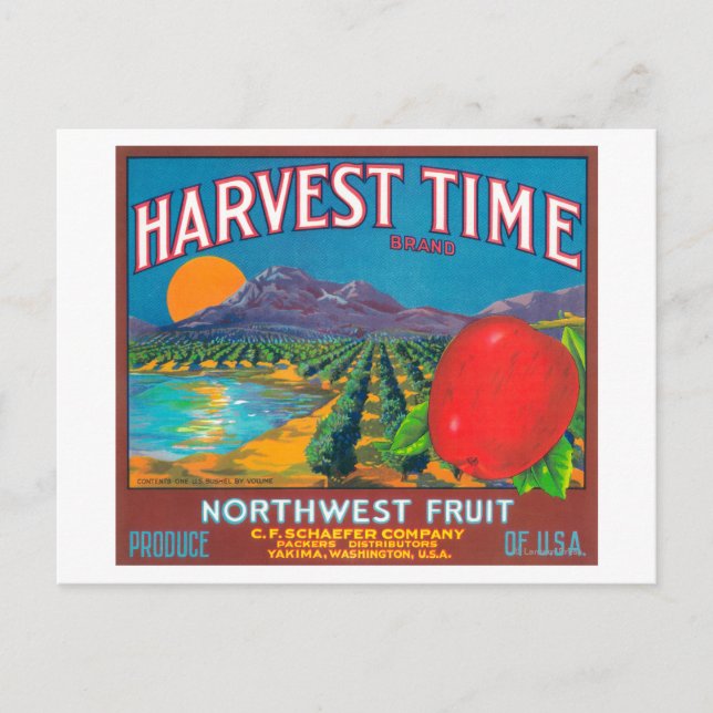 Carte Postale Étiquette Apple temps de récolte - Yakima, WA (Devant)