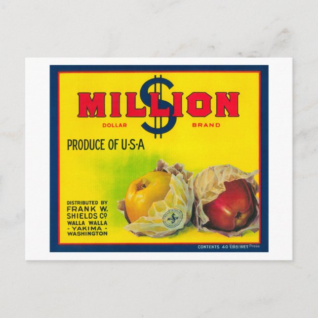 Carte Postale Étiquette de pomme de millions de dollars - Walla  (Devant)