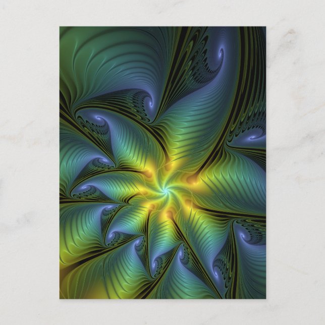 Carte Postale Etoile Abstraite, Bleu brillant Vert Or Fractal Ar (Devant)