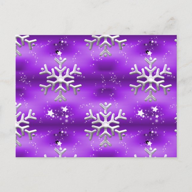 Carte Postale Étoiles d'argent et flocons de neige à Noël violet (Devant)